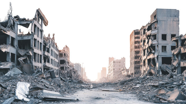 Urban destruction with transparent background revealing devastation