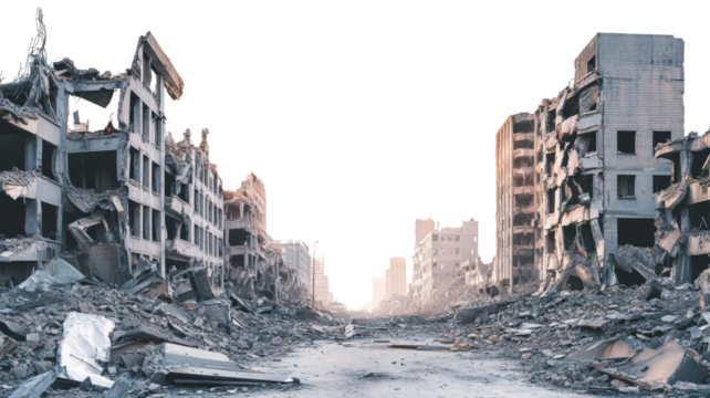 Urban destruction with transparent background revealing devastation