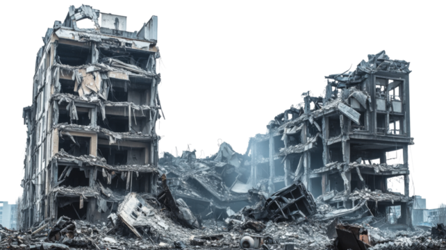 Destroyed buildings standing among rubble with transparent background