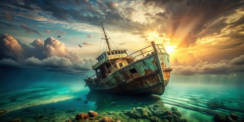 Vintage style boat submerged in ocean, shipwreck, old boat,  shipwreck