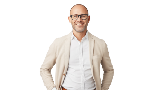 CEO or manager in a business casual outfit, relaxed but authoritative look, subtle confident smile, sharp high-resolution details png