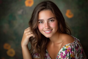 Fototapeta premium Smiling young caucasian female with long hair and floral dress against artistic background