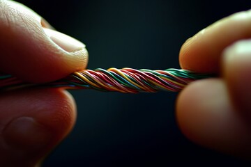 Close-up of hands twisting multicolored wire with precision and detail