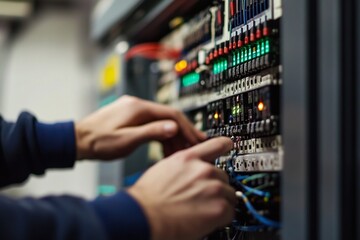 Male technician configuring server rack with networking equipment in data center
