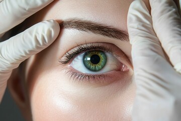 Close-up of female eye focused on cosmetic and medical examination with gloves