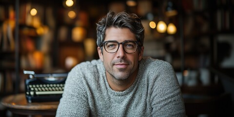Writer smiling and posing in front of typewriter in cafe