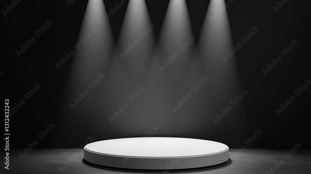 Poster white round empty 3d podium illuminating a black stage with sparkling lights, perfect background for