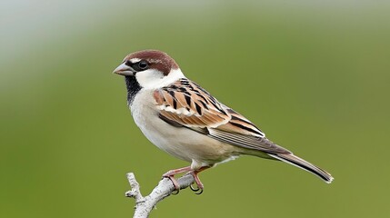 Brown and White Sparrow Perched on a Branch Against a Green Background