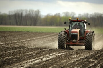 Fototapeta premium Rural farming: tractor cultivating vast field on overcast day