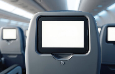 Aeroplane passenger seat mockup featuring blank monitor screen. Airplane cabin interior with seatback display for travel entertainment. Mock up with nobody on board. Inside of plane with nobody in it.