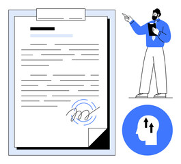 Signed document with outlined text, clipboard, man holding notebook and pointing, symbol of upward growth. Perfect for agreements, legal procedures, business planning, education, growth mindset