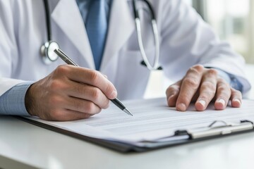 Fototapeta premium Doctor writing on medical form in office with pen close-up