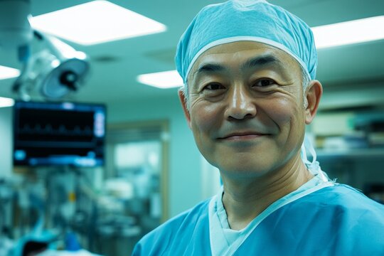 Asian male mature surgeon smiling in operating room