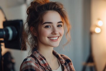 Smiling young caucasian female in casual plaid with studio background