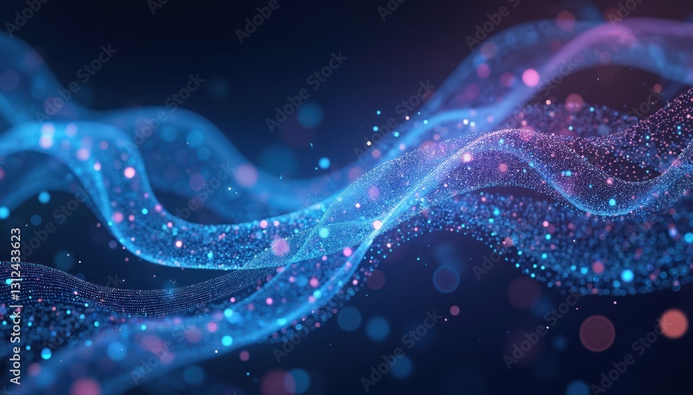 Poster Abstract tech background with glowing blue, purple dots and waves. Complex network lines connecting in dark cyberspace, futuristic hi-tech design for digital marketing and innovation.