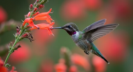 Fototapeta premium Hummingbird Drinking Nectar From Orange Flowers with Wings Spread Open