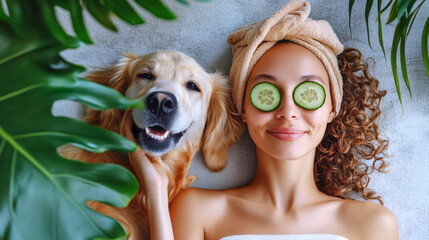 Woman relaxing with golden retriever, wearing cucumber eye mask during spa like skincare routine at home, representing self care and wellness lifestyle