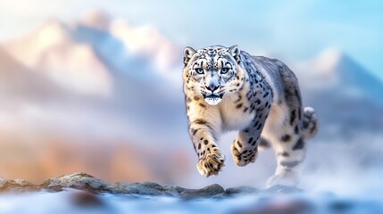 Obraz premium Snow leopard sprinting across rocky terrain in a mountainous landscape with soft focus background