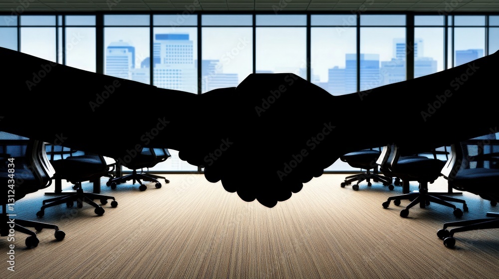 Poster silhouetted handshake in an office setting with city skyline visible through large windows