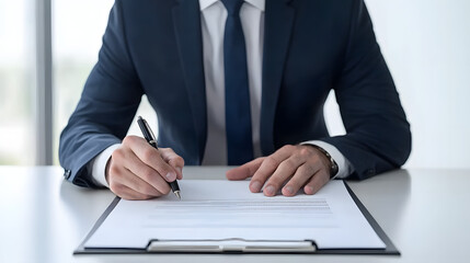 Businessman signing a contract, making a deal, symbolizing corporate agreement, legal documentation, and professional business negotiations.
