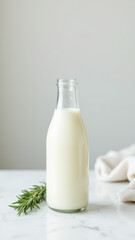 Milk bottle on a table with a blurred gray background.