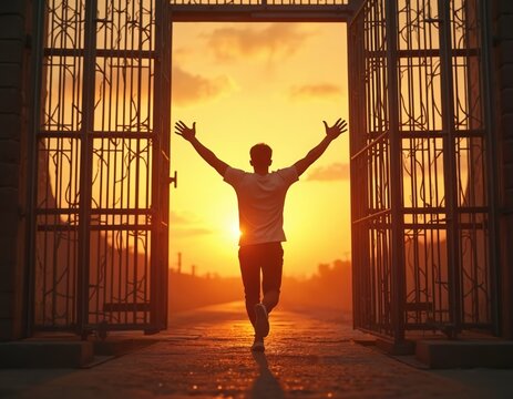 Man walks from open prison gates with raised hands in sun rays. Hope for freedom, new life after incarceration. Emotional scene justice celebration. Liberty, redemption, opportunity concept.