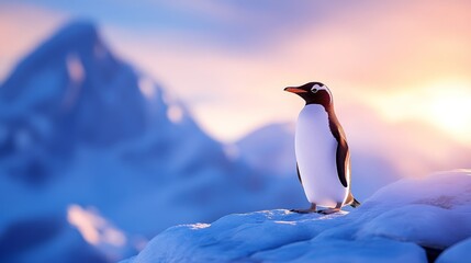Fototapeta premium A solitary penguin stands on a snowy ledge at sunset, surrounded by majestic mountain in the background