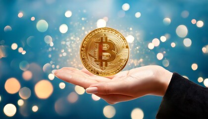 Shiny gold Bitcoin icon on hand.