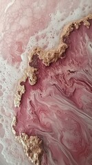 Intricate abstract pattern featuring pink hues and gold accents created through a fluid art technique