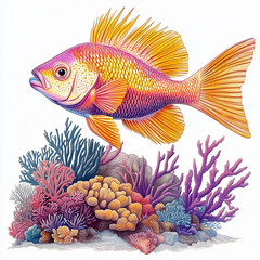 Fototapeta premium clipart, A detailed illustration of a tropical Anthias Basslet, swimming through coral, white background