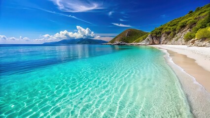 Fototapeta premium A serene beach with fine white sand and crystal clear turquoise waters stretching towards a picturesque Albanian landscape , turquoise sea, natural wonder