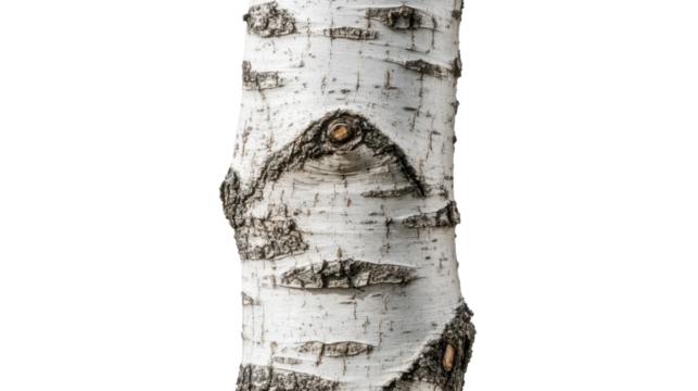 White birch tree trunk close up on transparent background
