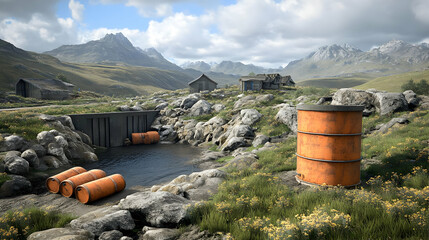 Mountainous Rural Landscape with Abandoned Structures and Industrial Waste