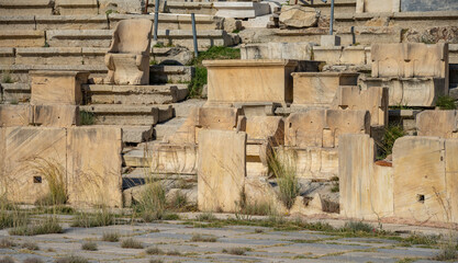 Acropolis, Parthenon, ancient marble ruins at the foot of the Acropolis hill Athens, Greece