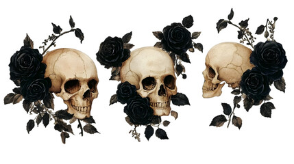 Skulls Adorned with Black Roses Isolated on White