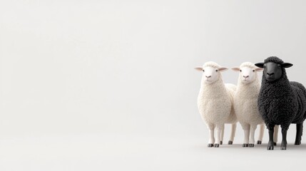 group of white sheep in business attire following a chart, while a black sheep walks the opposite direction. ai generated