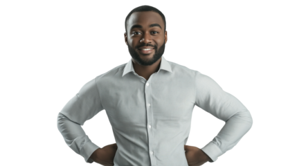 Business coach or consultant, wearing a well-fitted dress shirt with rolled-up sleeves, energetic and engaging facial expression, cinematic sharp focus, white background png