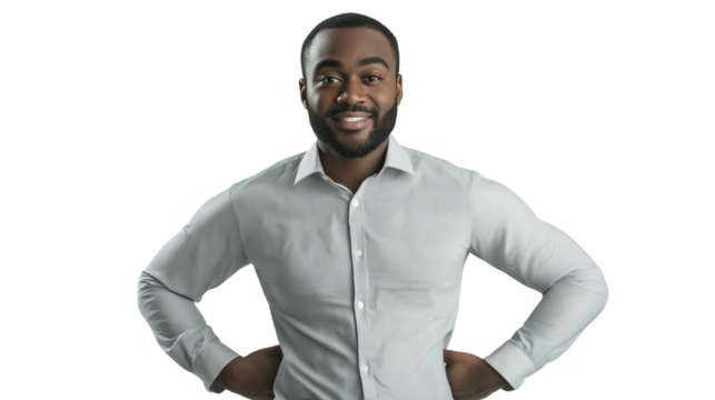 Business coach or consultant, wearing a well-fitted dress shirt with rolled-up sleeves, energetic and engaging facial expression, cinematic sharp focus, white background png