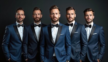 Group of five stylish men in blue suits, black bowties. Elegant formal attire, posing together confidently. Perfect for business, wedding, celebration themes. Modern gentleman look, successful team.