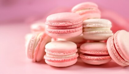Fototapeta premium Pastel macarons, delicate French pastries, light pink background