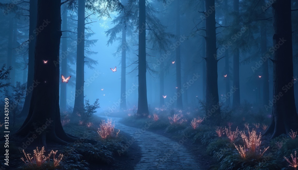 Poster mystical forest scene in twilight with tall trees, foggy atmosphere. path leads through woods with f