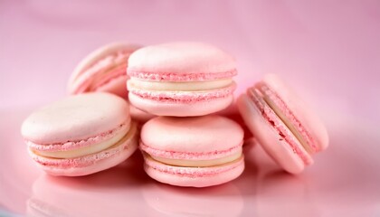 Fototapeta premium Pastel macarons, delicate French pastries, light pink background, soft focus