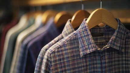 Obraz premium Casual shirt displayed on wooden hanger close up.