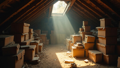 Dusty attic filled forgotten belongings, boxes stacked high. Sunlight beams pierce gloom in storage room. Home interior filled with vintage furniture, abandoned objects, creating eerie, mysterious