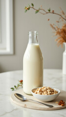 Glass bottle of milk on a white marble countertop with cereal bowl and spoon.