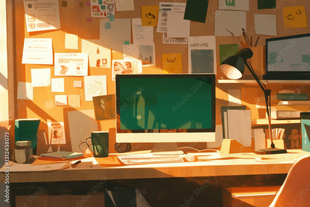 Poster a computer desk with a monitor, a lamp, and a stack of papers