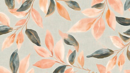 Watercolor leaves pattern on textured background. Peach and grey tones