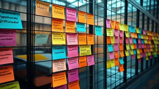 Brainstorming Wall: A grid of multi-colored sticky notes, each bearing handwritten text, adorns a wire mesh wall, serving as a vibrant, dynamic canvas of ideas and project plans