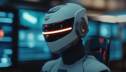 Fototapeta premium Futuristic humanoid robot with high tech helmet and glowing visor in a sci fi control room representing artificial intelligence technology and cybernetics