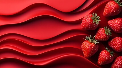 Strawberries on red wavy background, food blog header or product showcase